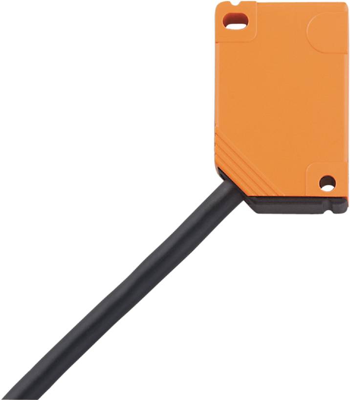 Ein orangefarbener rechteckiger Sensor mit einem schwarzen Kabel, typischerweise verwendet für industrielle Automatisierungen und Messungen.