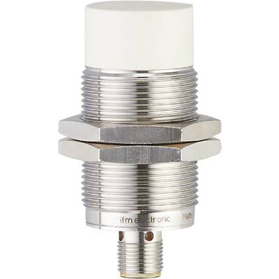 Ein zylindrischer, metallischer inductiver Sensor mit Gewinde und zwei Sechskantmuttern, geeignet zur Erfassung von Metallobjekten.