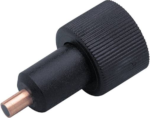 Gummierte Schraubkappe mit geriffelter Oberfläche, auf einem Kupferrohr montiert, vermutlich für mechanische oder elektrische Anwendungen.