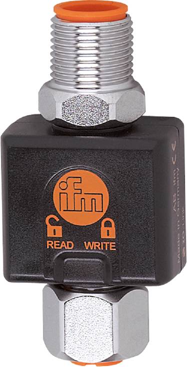 Ein schwarzes elektronisches Gerät mit einem orangefarbenen Logo 'ifm', darunter Symbole für 'LESEN' und 'SCHREIBEN' mit Vorhängeschlössern.