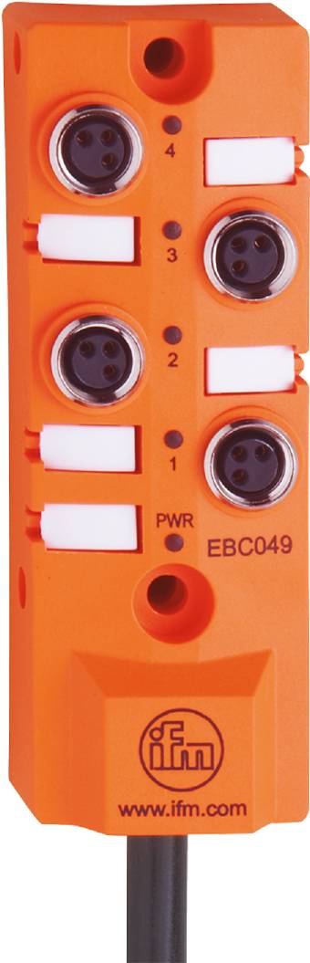 Eine orangefarbene elektrische Komponente mit zwei runden Anschlüssen und Beschriftungen '1', '2', 'PWR' und 'EBC049'.