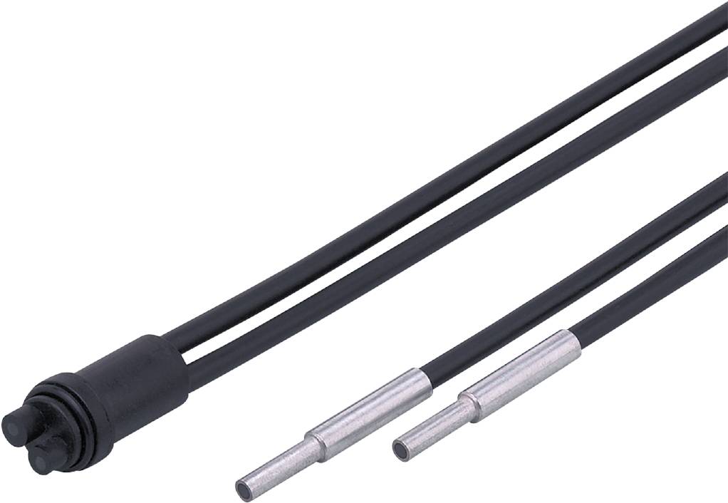 Zwei schwarze Kabel mit zylindrischen Metallspitzen, möglicherweise Temperatursensoren, auf weißem Hintergrund.