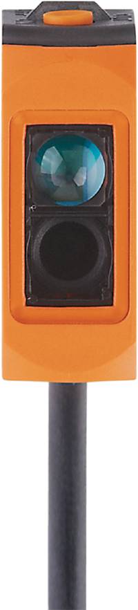Ein orangefarbener Not-Aus-Schalter, der eine quadratische schwarze Taste zeigt.