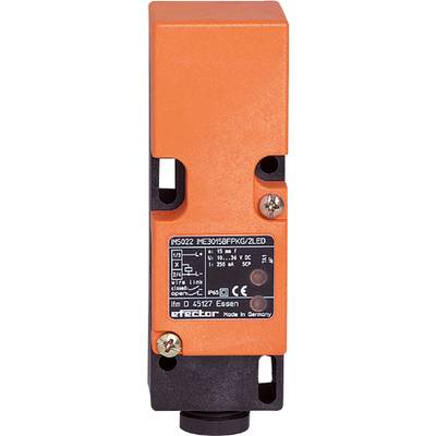 Ein orangefarbener Sensor mit Anschlüssen und einem Etikett mit technischen Spezifikationen, darunter Modellname und elektrische Daten.