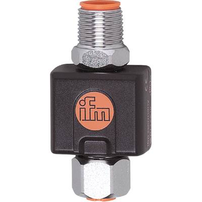 Schwarzes quadratisches Gerät mit orangefarbenem 'ifm'-Logo und silbernem Knopf an der Oberseite, wahrscheinlich ein Sensor oder elektrisches Bauteil.