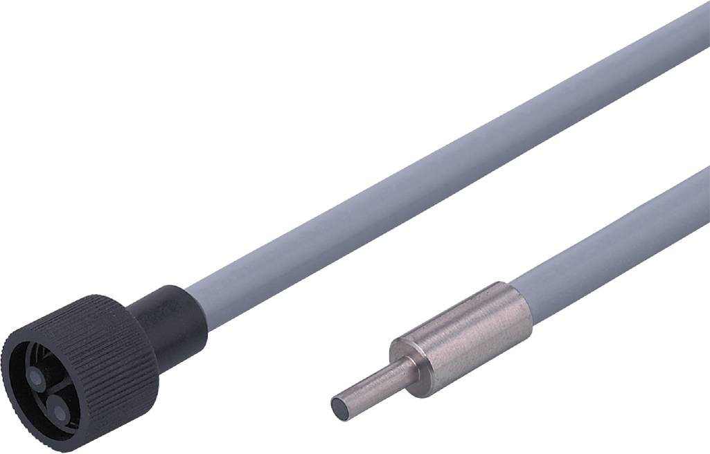 Silbergrauer zylindrischer Sensor mit schwarzer Basis und metallischem Ende zeigt nach rechts.