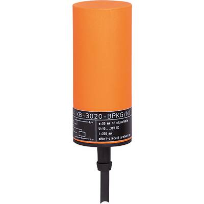 Oranger Zylinder mit schwarzem Etikett; technische Angaben wie '20 mm n/f einstellbar' und 'U: 10...36V DC'.