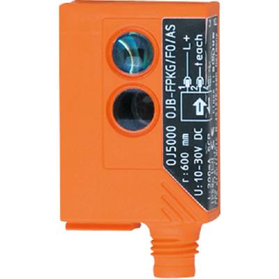 Optischer Sensor mit Modelnummer 'OJB5000 OJB-FPKG/US'. Zeigt technische Spezifikationen: Reichweite 60-600 mm, Spannung 10-30V DC.