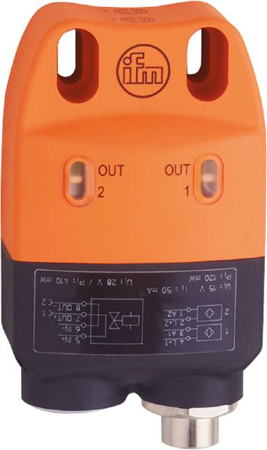 Ein orangefarbenes elektrisches Prüfgerät mit zwei sichtbaren LEDs, bezeichnet mit 'OUT 1' und 'OUT 2', sowie technischen Spezifikationen.