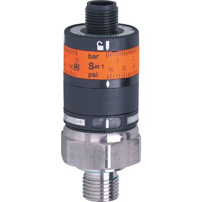 Manometer mit einem orangefarbenen Zifferblatt zeigt 10 psi an. Zwei Knöpfe mit den Beschriftungen 'power' und 'out'.