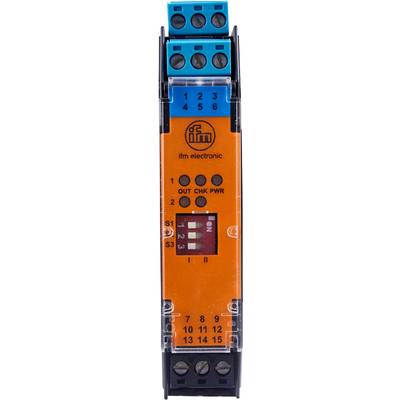 'Orangene elektronische Komponente mit Schaltern. Zwei vertikale Schalter mit Aufschrift 'ON'. Oben: Kreissymbole und Text 'OUT', 'CHK', 'PWR'.'