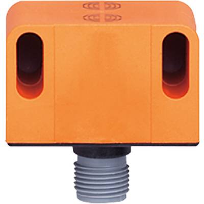Ein rechteckiger, orangefarbener Sensor mit zwei ovalen Vertiefungen an den Seiten und einem Gewindeanschluss an der Unterseite.