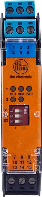 Eine orangefarbene Schaltfläche mit Beschriftung 'OUT CHK PWR' und Nummerierungen 1 und 2. Enthält ebenfalls Schalter 'S1, S2'.