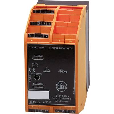 'Ein industrielles Sicherheitsrelais-Modul in orange mit schwarzen Bedienelementen und verschiedenen technischen Angaben aufgedruckt.'