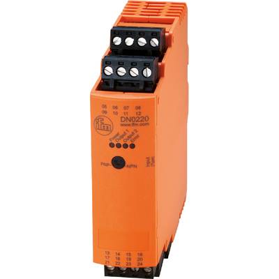 Orangenes elektronisches Gerät mit Beschriftung 'DN0220'. Markierungen für 'Power', 'Output 1', 'Output 2', 'Error' und 'Input (Teach)'.