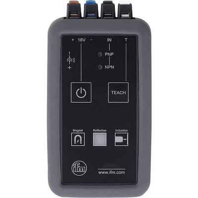 Elektronisches Gerät mit zwei Tasten: 'Ein/Aus' und 'Lehren'. LEDs zeigen 'PNP' und 'NPN'. Symbole unten: Magnet, Reflexion, Induktion.