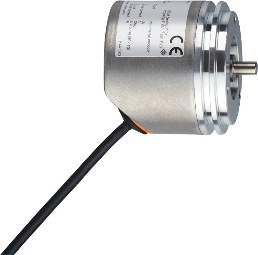 Ein zylindrischer Drehgeber mit Kabel und Metallgehäuse, verwendet zur Messung von Drehbewegungen in industriellen Anwendungen.