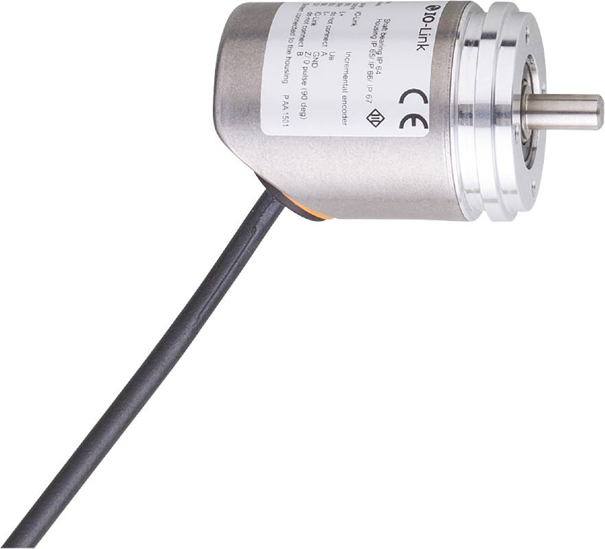 Ein silberner zylindrischer Encoder mit schwarzem Kabel, verwendet zur Positionsbestimmung in mechanischen Systemen.