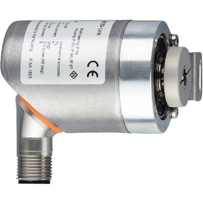 Ein zylindrischer industrieller Sensor mit Metallgehäuse und Etikett mit technischen Spezifikationen, montiert an einem Anschluss.