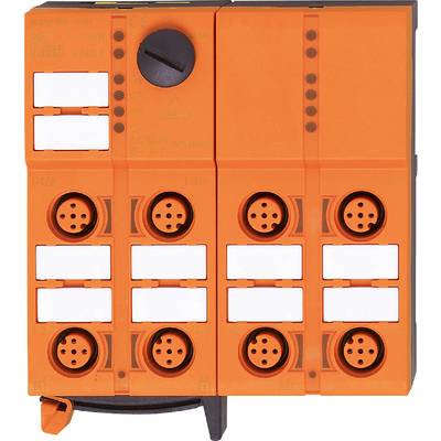 Ein orangefarbenes elektrisches Anschlussmodul mit vier Steckplätzen und acht runden Buchsen, verwendet für industrielle Anwendungen.