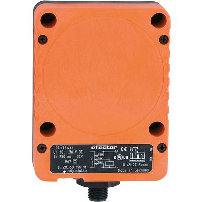 Orangefarbenes elektronisches Gerät von ifm mit technischen Daten: IP 67, 10-36 V DC, 250 mA. Hergestellt in Deutschland.