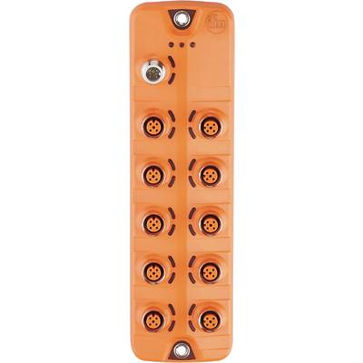 Nahaufnahme einer orangefarbenen elektrischen Steckverbindung mit vier runden Buchsen, jede mit mehreren Steckplätzen.