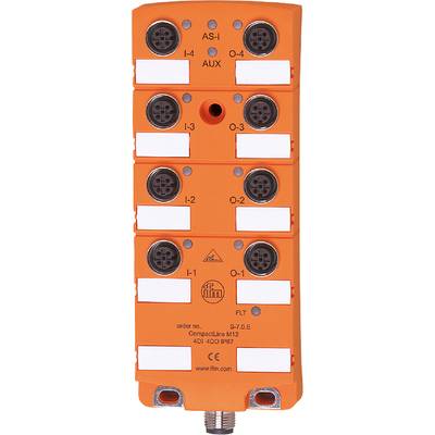 Orangefarbenes elektronisches Modul mit vier runden Steckverbindern, beschriftet mit 'I-2', 'O-2', 'I-1', 'O-1', und einem ifm-Logo unten.
