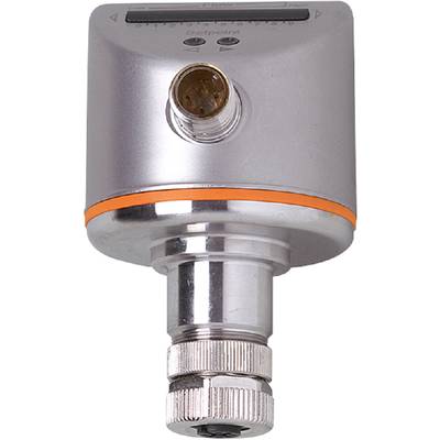 Nahaufnahme eines silbernen zylindrischen Sensors mit einem orangefarbenen Ring und einer elektrischen Anschlussbuchse oben.