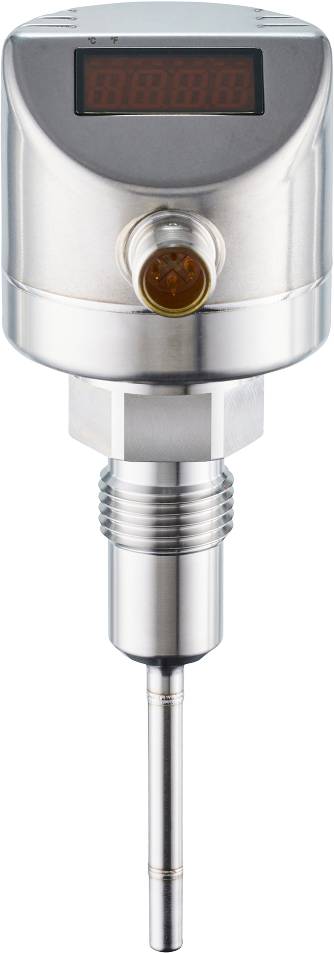 Metallsensor mit zylindrischem Gehäuse und gerilltem Schraubgewinde, geeignet zur präzisen Temperatur- oder Druckmessung.
