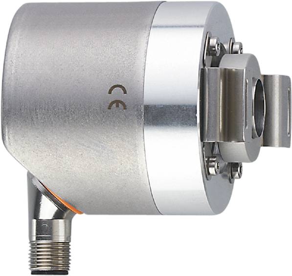 Ein silberner Drehgeber mit rotierendem Teil und einem Anschlussstecker an der Unterseite, gekennzeichnet mit dem CE-Zeichen.