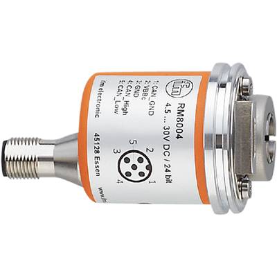 Nahaufnahme eines elektronischen Bauteils mit der Aufschrift 'RM8004 4.5 - 30V DC / 24 bit'. Zeigt Anschlussnummern und das Logo von 'ifm electronic'.