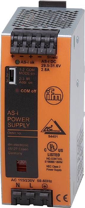 Die Abbildung zeigt ein AS-i Power Supply von ifm electronic. Links sind Bedienelemente abgebildet, daneben Produktbeschriftungen und Logos.