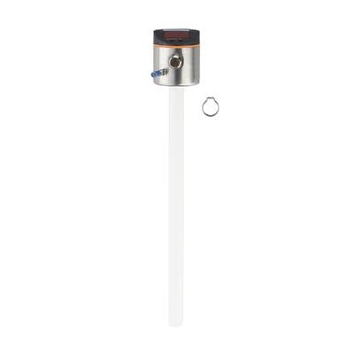 Ein weißer Stab mit einem metallischen Sensor oben, schwarzem Hintergrund; elektronisches Gerät, möglicherweise ein Feuchtigkeitssensor.
