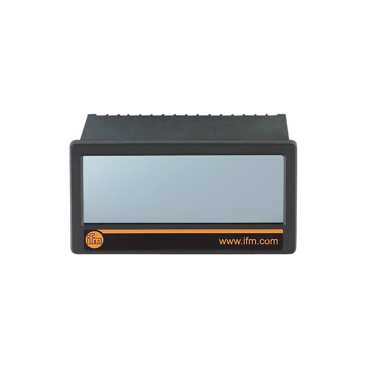 Industriedisplay mit grauem Bildschirm und dunklem Rahmen, unten das Logo von 'ifm' und die Website 'www.ifm.com'.
