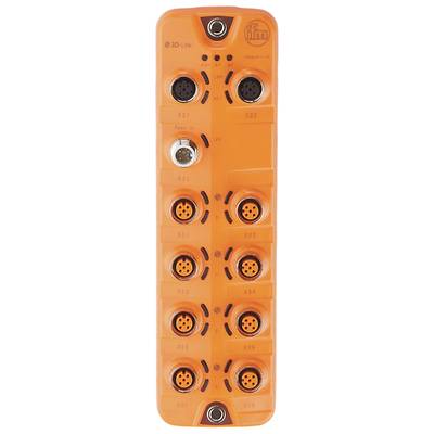 Ein orangefarbener IO-Link-Master mit mehreren Anschlüssen, jeweils mit verschiedenen Beschriftungen und LED-Anzeigen.