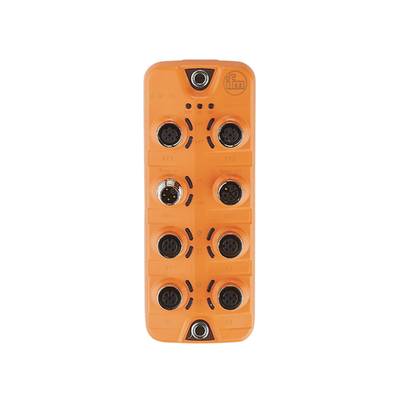 Ein orangefarbenes elektronisches Modul mit acht runden Anschlüssen in zwei vertikalen Reihen, vermutlich zur industriellen Anwendung.