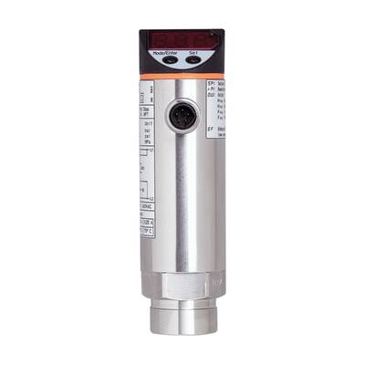 Ein zylindrischer Sensor mit digitaler Anzeige und Bedienfeld, montiert auf einem schwarzen Hintergrund. Verwenden in industrieller Umgebung.