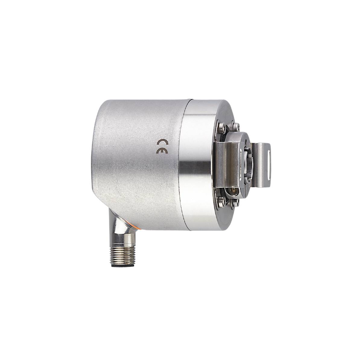 Metallsensor mit zylindrischem Gehäuse und elektrischen Anschluss unten. Silberfarben, mit CE-Zeichen.