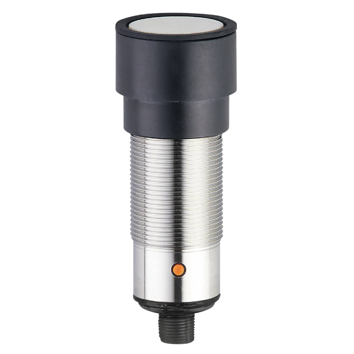 Ein zylindrischer Sensor mit schwarzer Oberseite und metallischem Hauptteil, geeignet für die Erkennung von Objekten in automatisierten Prozessen.