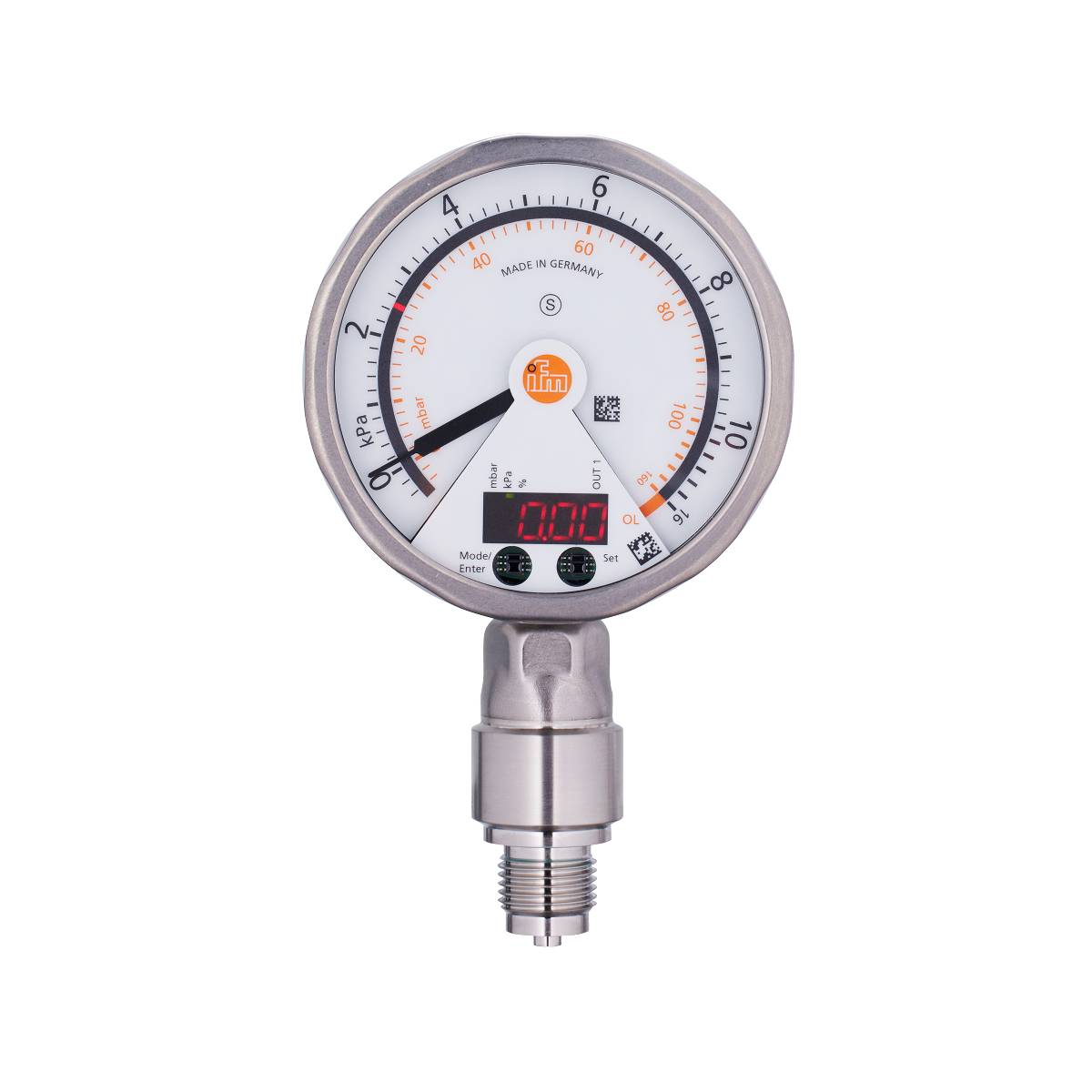 Ein Manometer zeigt einen Druck von 0 kPa mit einem analogen Zeiger und digitaler Anzeige. Es ist auf null kalibriert und 'Made in Germany'.