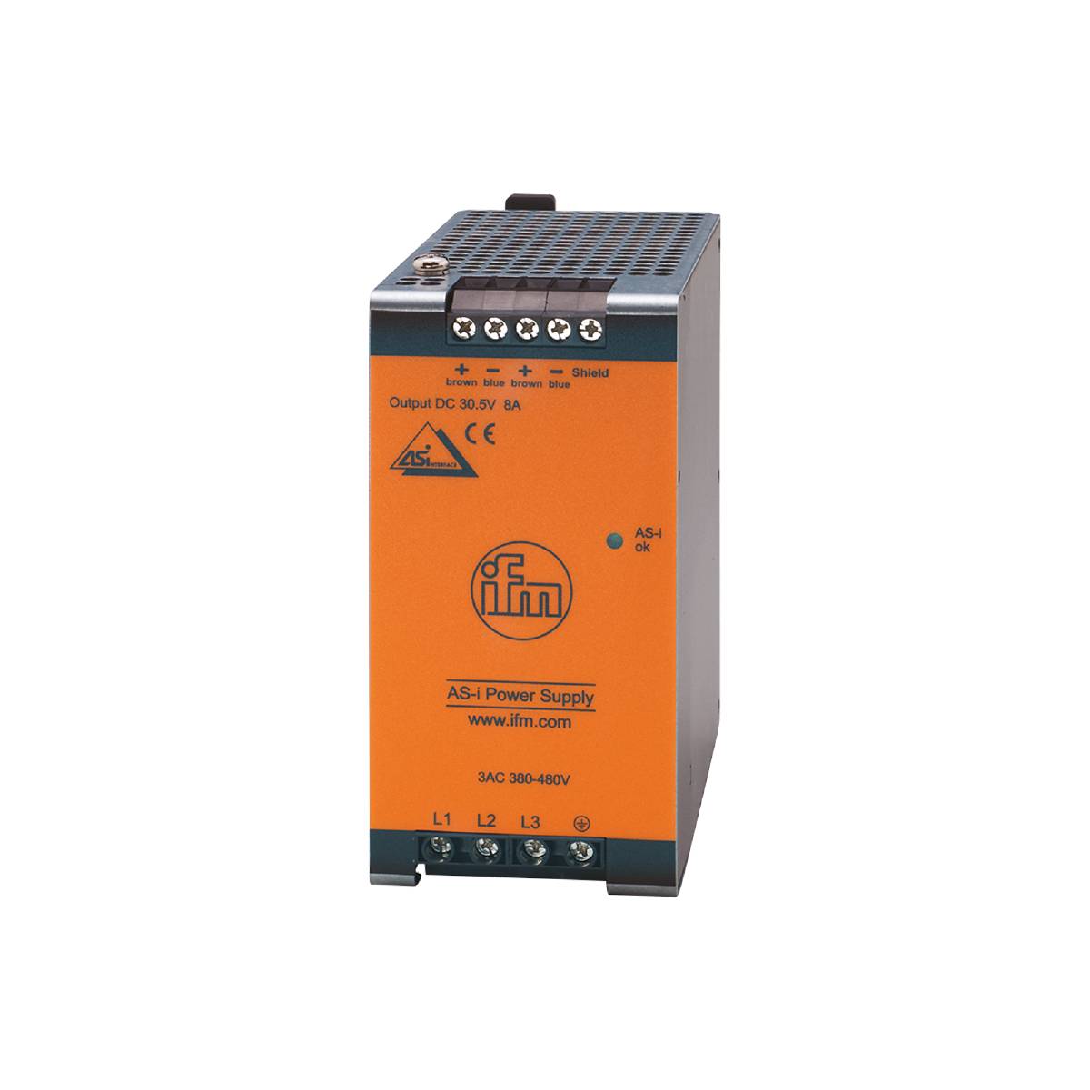 Ein orange-graues Netzteil mit der Aufschrift 'ifm power supply', geeignet für 3AC 380-480V und Output DC 24V 8A.