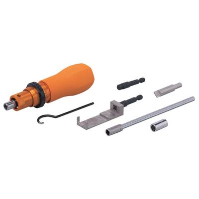 Ein Schraubendreher-Set mit einem orangefarbenen Griff und mehreren Aufsätzen auf schwarzem Hintergrund.