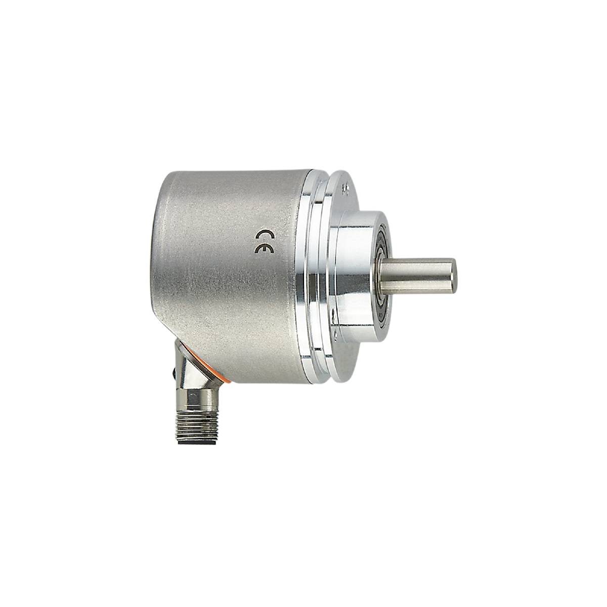 Silberner rotierender Encoder auf schwarzem Hintergrund, verwendet zur Messung von Drehpositionen in Maschinen oder Robotern.