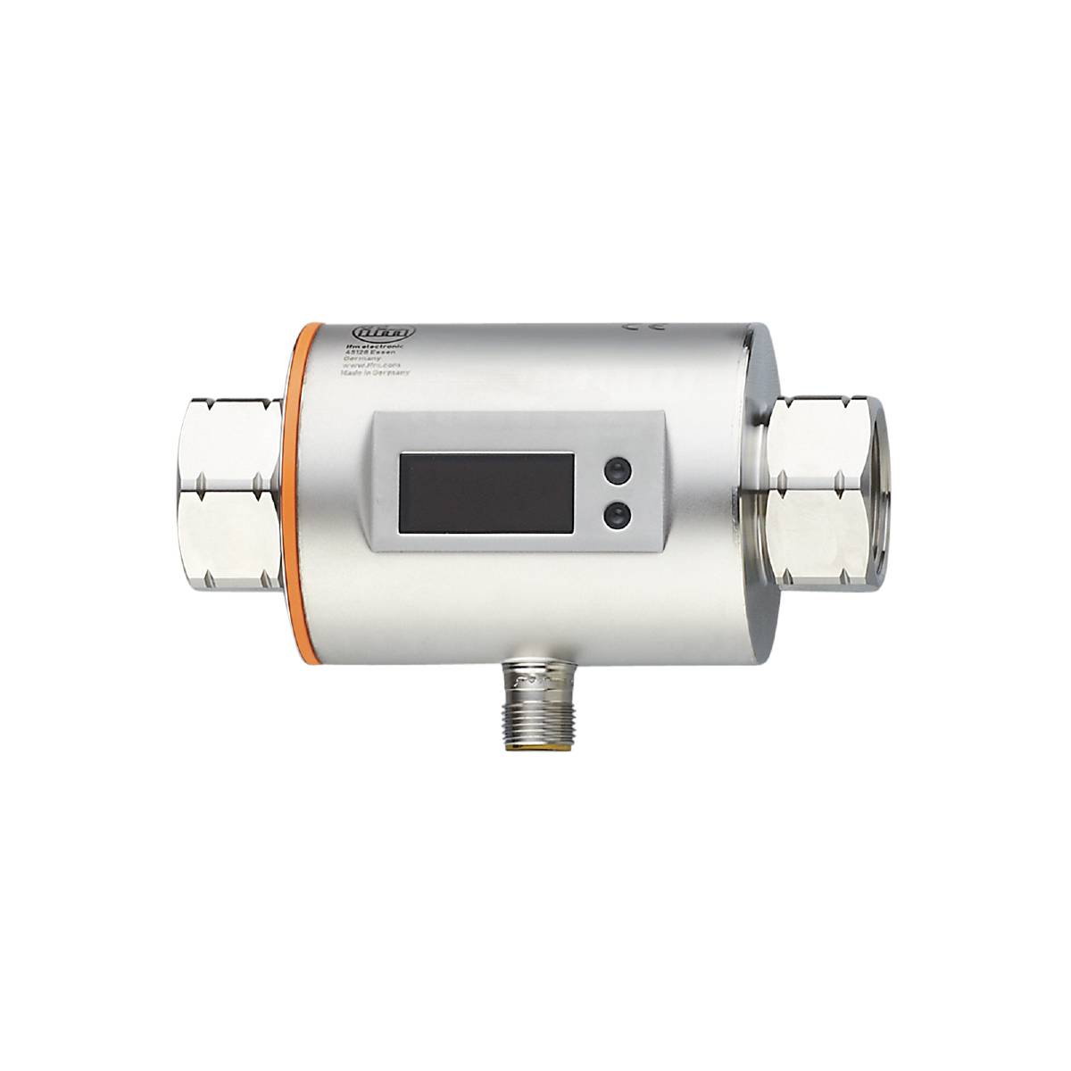 Ein metallischer Durchflusssensor mit digitalem Display und orange Akzentstreifen, geeignet zur Messung von Flüssigkeitsströmungen.