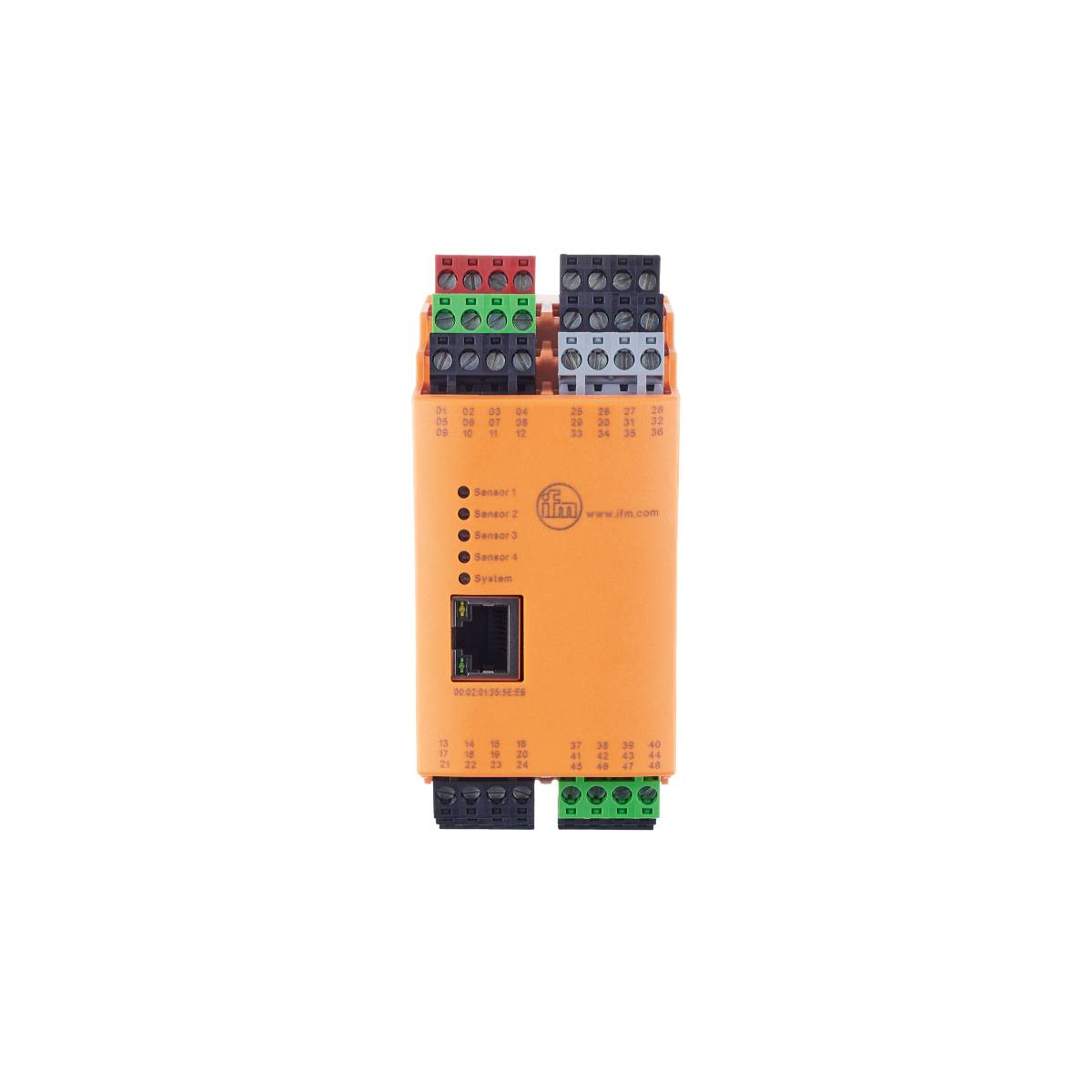 Ein kompaktes, orangefarbenes elektronisches Modul mit mehreren Anschlussklemmen, geeignet für industrielle Steuerungsanwendungen.