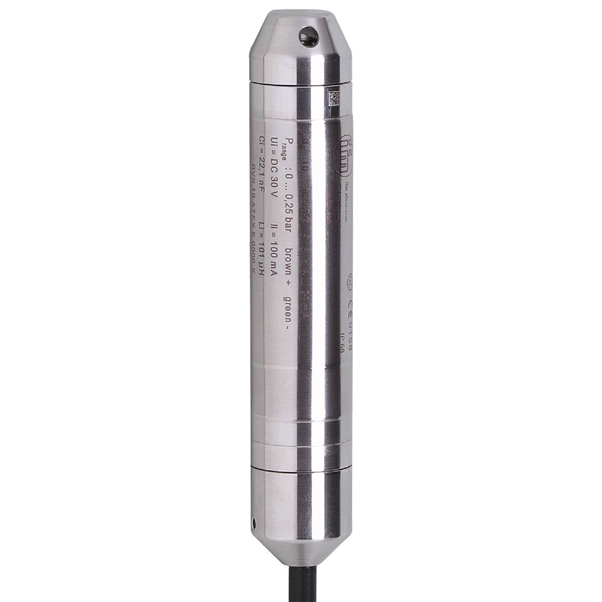 Ein metallischer, zylindrischer Sensor mit Aufschrift, vermutlich zur Messung von Druck oder Niveau, vor schwarzem Hintergrund.