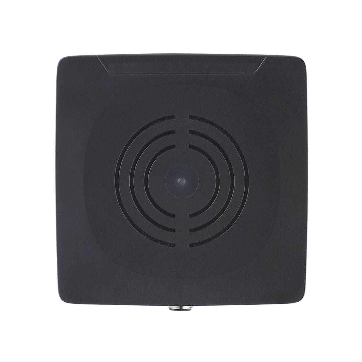 Ein schwarzes quadratisches Gehäuse mit konzentrischen Kreisen in der Mitte, vermutlich eine Antenne oder ein technisches Gerät.
