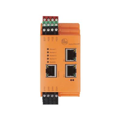 Ein orangefarbenes elektronisches Modul mit Ethernet-Anschlüssen und mehreren LED-Anzeigen für Sensoren und Systemzustand.