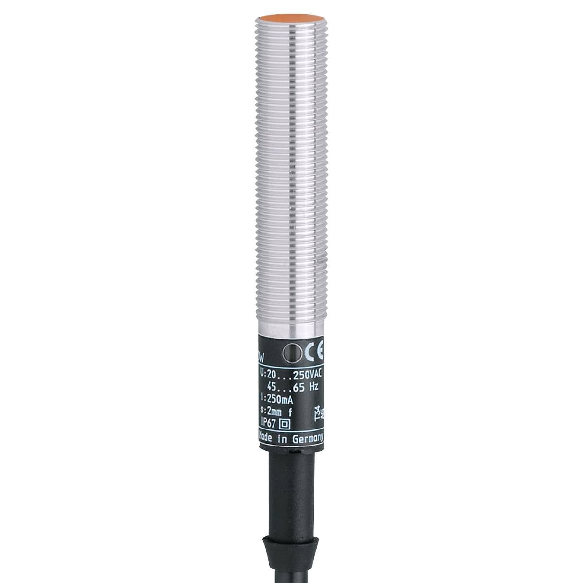 Ein zylindrischer, metallischer Sensor mit Beschriftungen, der für industrielle Anwendungen verwendet wird.