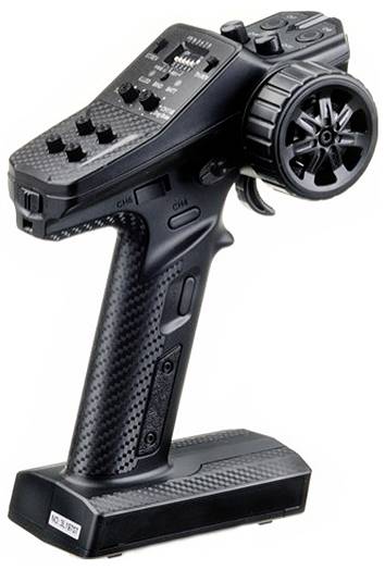 Schwarze Fernbedienung mit Lenkradknopf und Steuerknöpfen, typisch für ferngesteuerte Autos; ergonomisch geformter Griff.